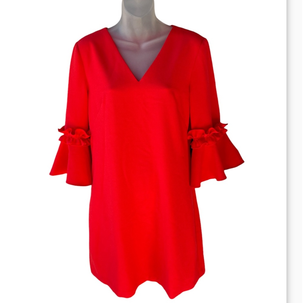 Jessica Howard Vibrant Red Ruffle Bell Sleeve V-Neck Dress